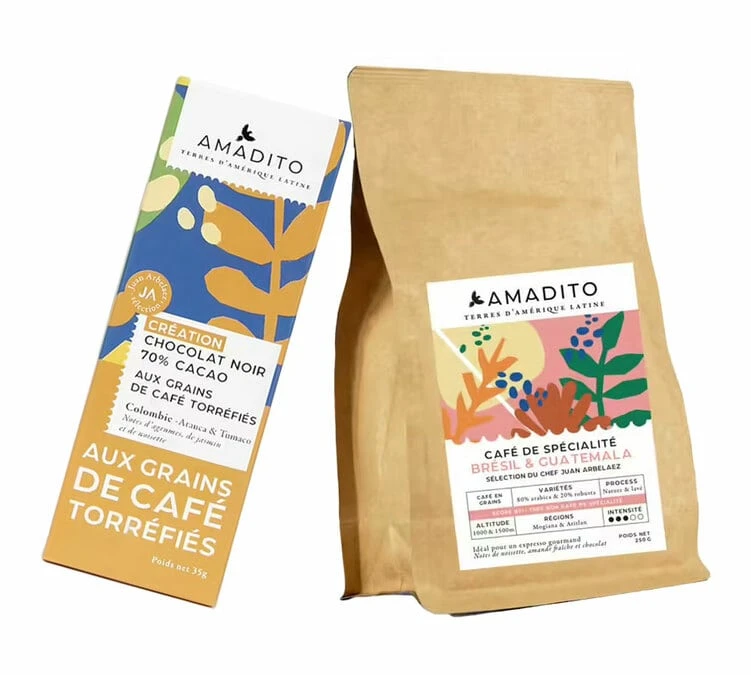 Pack Café En Grain & Chocolat 70 % Cacao (grains De Café Torréfiés) - AMADITO